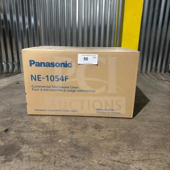 Brand new Panasonic NE-1054F commercial microwave oven in box, touch pad, 115V, 1 phase, box shows model and origin details.