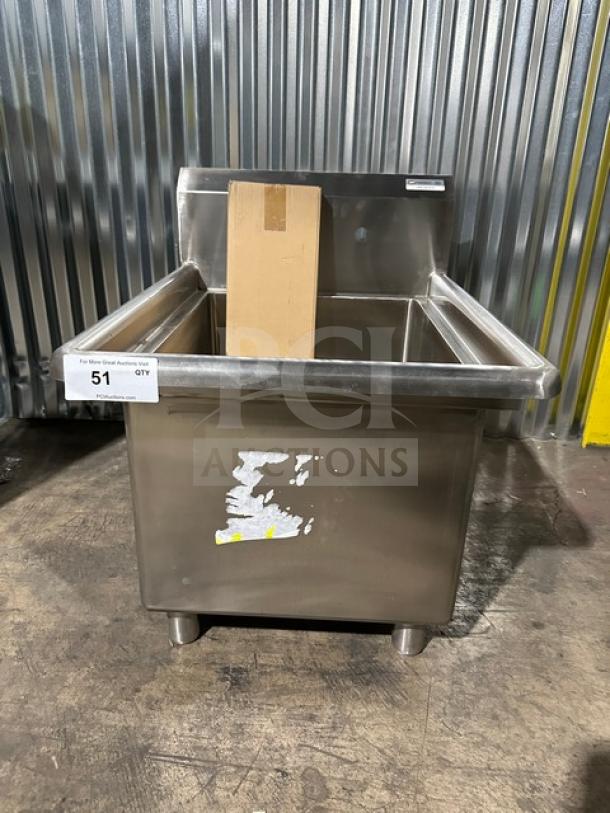Brand new NBR stainless steel prep sink, model 182414, with legs and strainer, labeled with lot number 51.