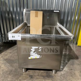 Brand new NBR stainless steel prep sink, model 182414, with legs and strainer, labeled with lot number 51.