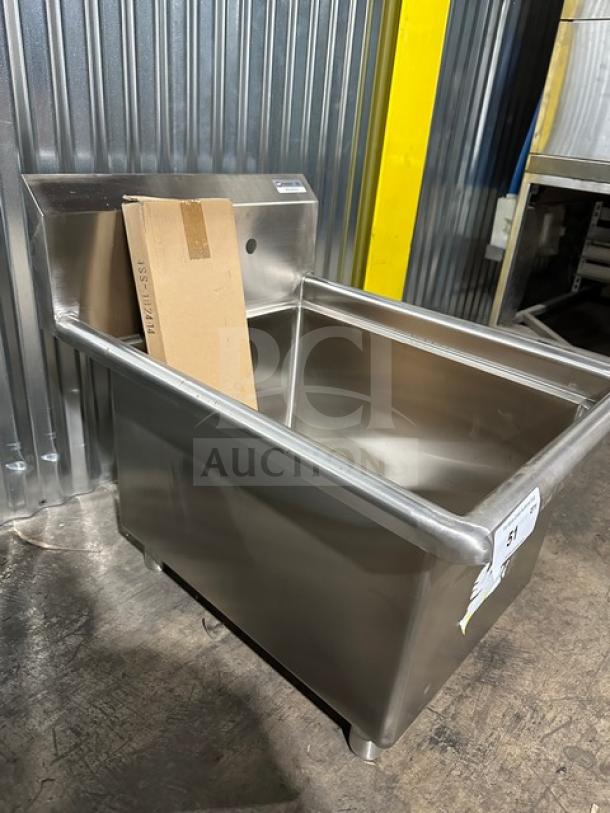 Brand new NBR all stainless steel prep sink, model 182414, with legs and strainer. Durable construction, ideal for kitchens.