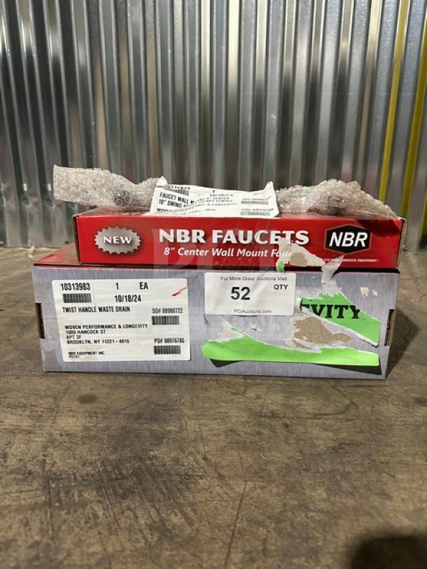 Brand New NBR 8" Spread Prep Sink Faucet in box with NBR twist handle waste drain. Packaging includes product labels and auction tag.