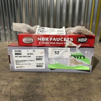 Brand New NBR 8" Spread Prep Sink Faucet in box with NBR twist handle waste drain. Packaging includes product labels and auction tag.
