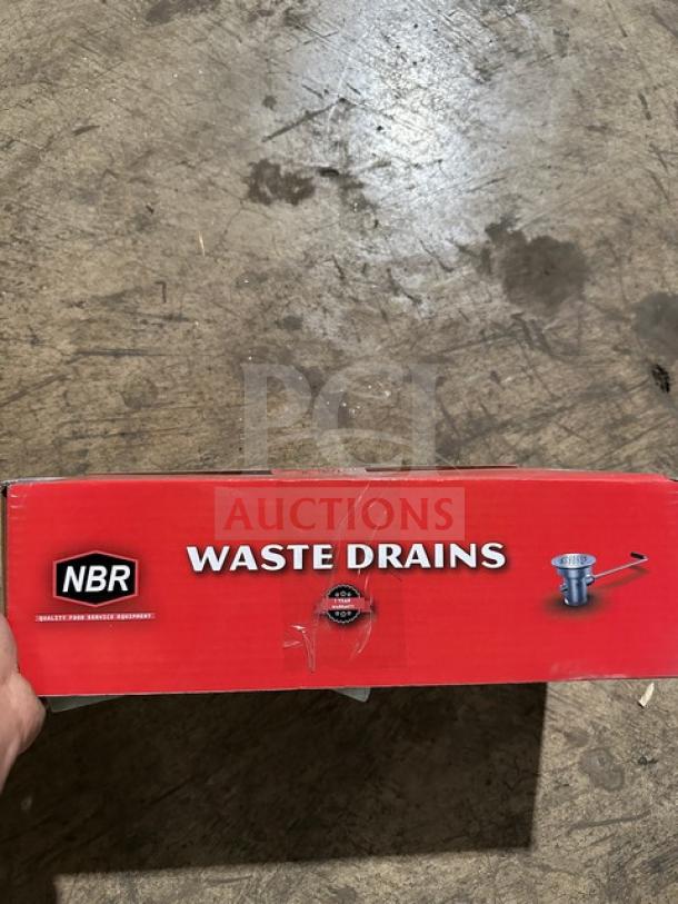 Brand new NBR 8" spread prep sink faucet and twist handle waste drain in original packaging. Box marked "NBR Waste Drains."