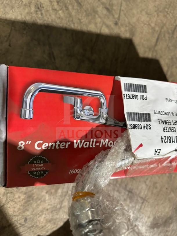 Brand new NBR 8" spread prep sink faucet with twist handle waste drain, shown in original packaging, 1-year warranty tag visible.