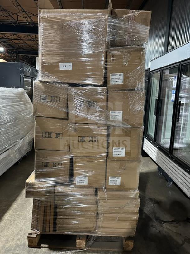 Mixed pallet of assorted high-quality kitchenware in boxes, including FOH bowls, Kenny Mack trays, and Firenze dinner forks. Items shrink-wrapped on pallet.