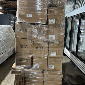 Mixed pallet of assorted high-quality kitchenware in boxes, including FOH bowls, Kenny Mack trays, and Firenze dinner forks. Items shrink-wrapped on pallet.