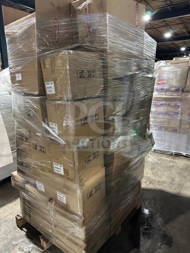 Auction pallet with various boxed items, including FOH bowls, Kenny Mack trays, glass riser tiles, beverage dispensers, and cutlery sets.