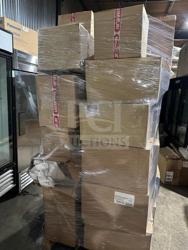 Pallet of mixed boxes wrapped in plastic; includes porcelain bowls, trays, glass tiles, beverage dispensers, and utensils.