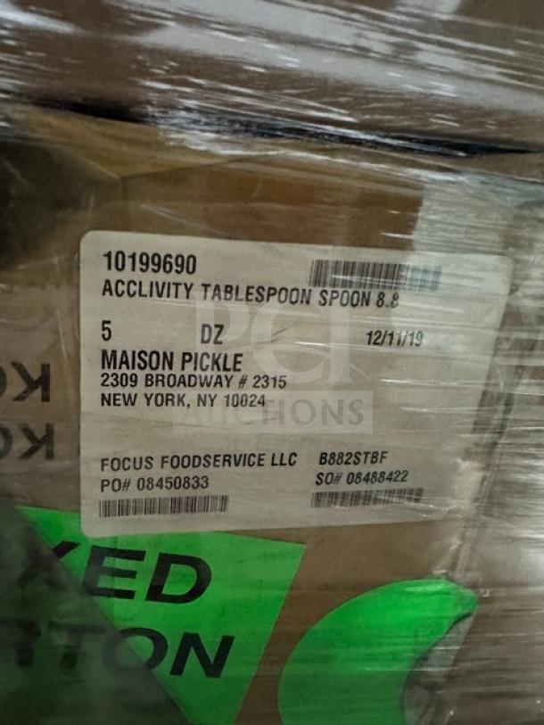 Label on pallet identifying 5 dozen Acclivity tablespoons, dated 12/11/19, from Maison Pickle, NY.