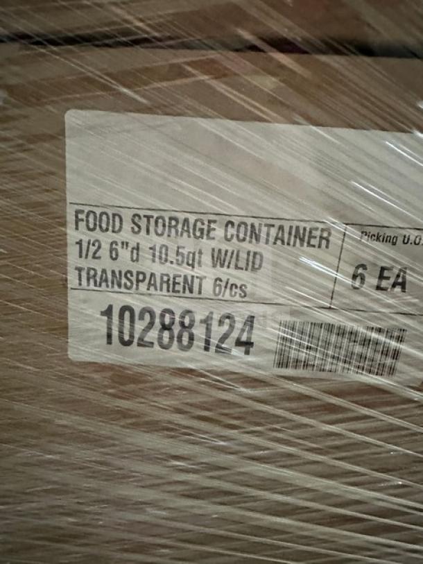 Pallet with multiple boxes of various kitchen and dining items. Visible label reads "Food Storage Container, 1/2 6'd 10.5qt W/Lid, Transparent, 6/cs, 10288124."