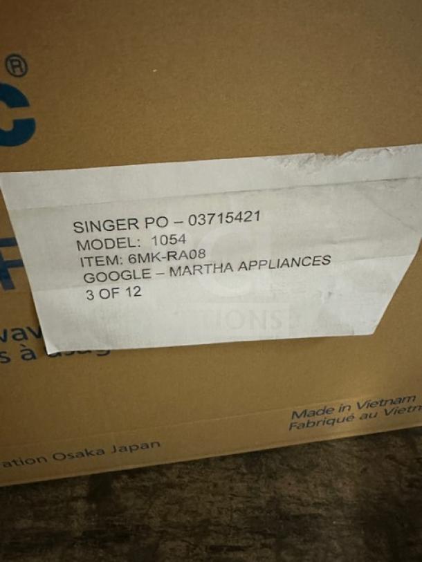 Brand new Panasonic Pro Microwave NE1054F, 120V, digital touch pad, boxed. Label shows "SINGER PO – 03715421, 3 of 12".