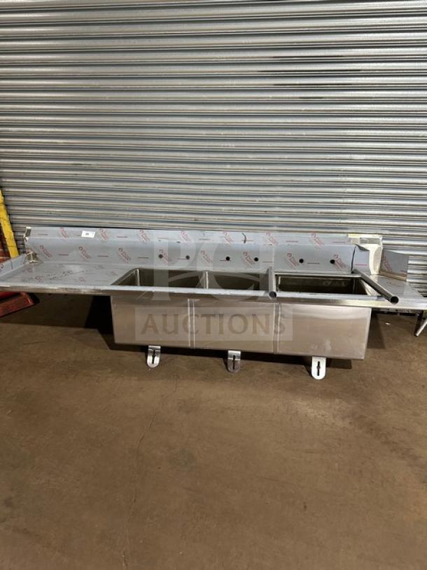 Brand new Advance Tabco DTC-3-2020-10BL stainless steel 3-compartment dishwashing sink with left side drain board.