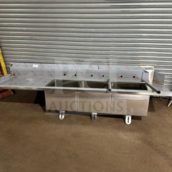 Brand new Advance Tabco DTC-3-2020-10BL stainless steel 3-compartment dishwashing sink with left side drain board.
