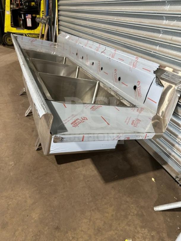 Brand new Advance Tabco heavy-duty stainless steel 3-compartment sink with left drain board, Model DTC-3-2020-10BL.