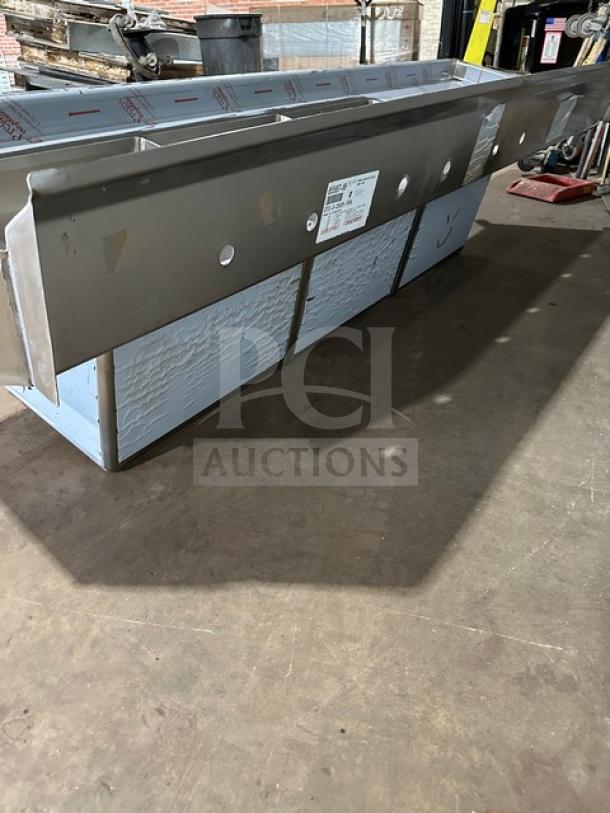Brand new Advance Tabco stainless steel 3-compartment dishwashing sink, model DTC-3-2020-10BL. Features left side drain board.