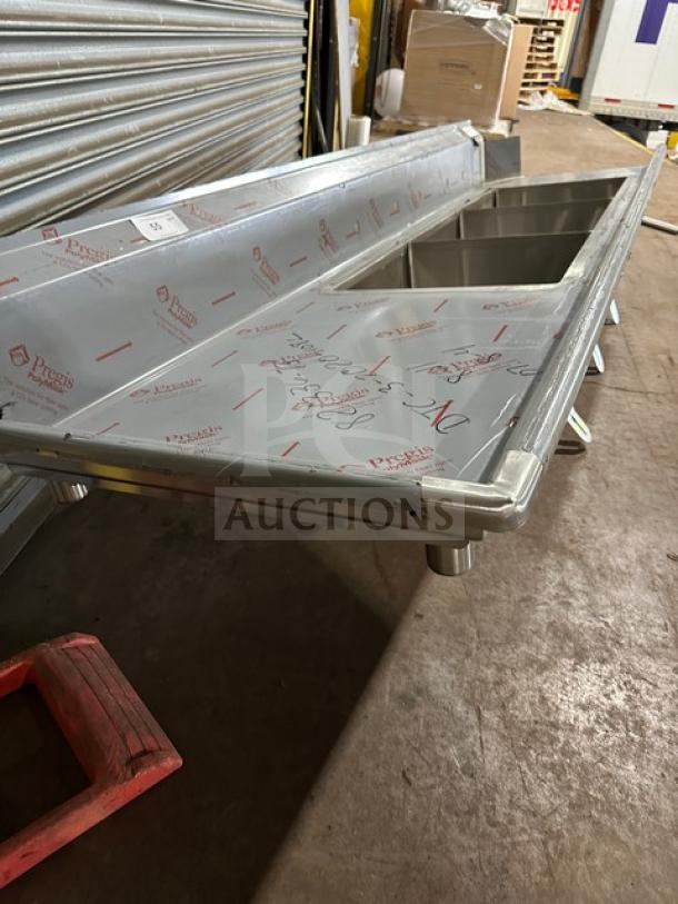 Brand new Advance Tabco stainless steel 3-compartment sink, model DTC-3-2020-10BL, with left side drain board.