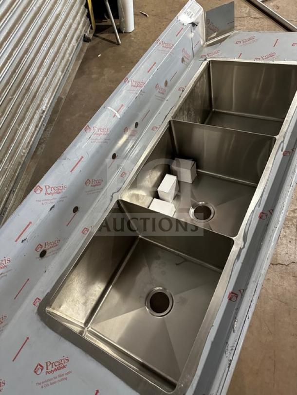 Brand new Advance Tabco stainless steel 3-compartment dishwashing sink, model DTC-3-2020-10BL, with left side drain board.