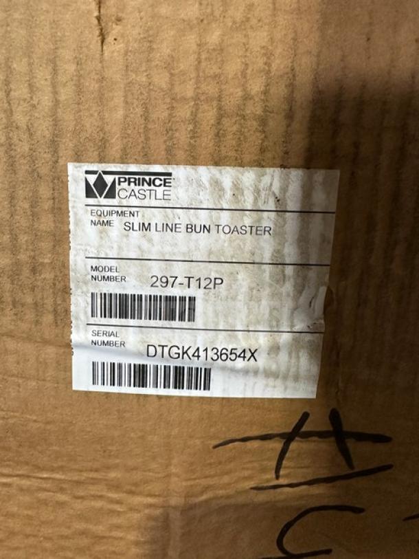 Brand new Prince Castle Slim Line Bun Toaster Oven, model 297-T12P, serial DTGK413654X, in original box.