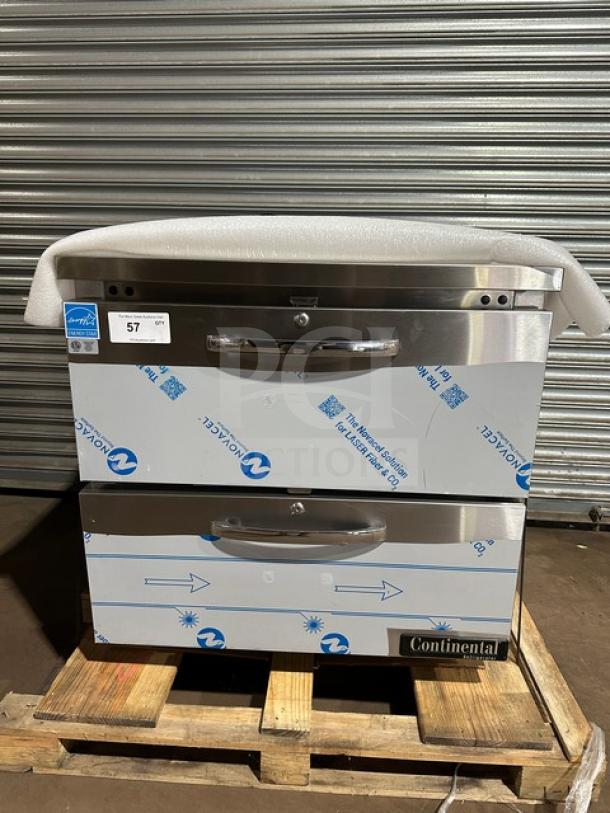 Brand new Continental SW32N 2-drawer refrigerated lowboy/worktop cooler, 115V, 1 Phase, wrapped, on a wooden pallet.