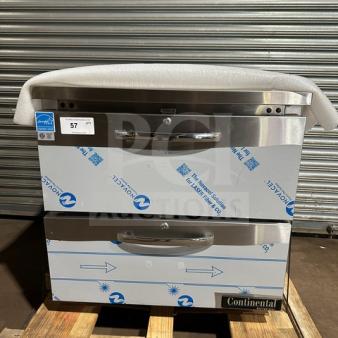 Brand new Continental SW32N 2-drawer refrigerated lowboy/worktop cooler, 115V, 1 Phase, wrapped, on a wooden pallet.