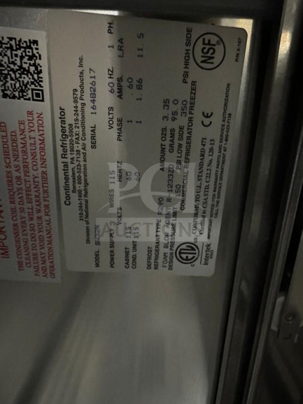Continental 2 Drawer Refrigerated Lowboy SW32N label showing model and serial number 16482617, NSF certified, 115V, 1 Phase.