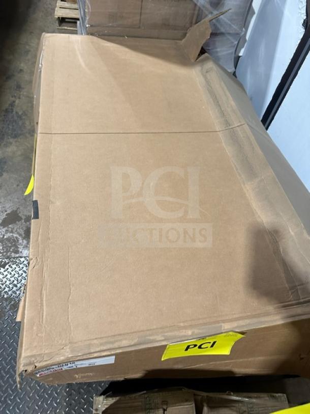 Brand new Metro SEC56-CTN1B Chrome Mobile Wire Security Cabinet in unopened box, labels indicate standard duty model.