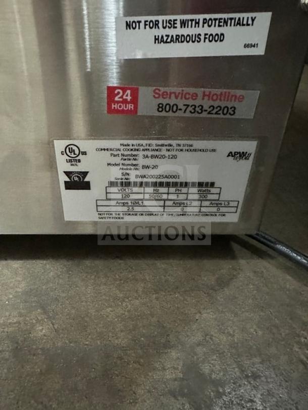 New APW Wyott BW20 stainless steel bread warmer, model BW20, serial BWA200225A0001, 115V, 1 phase, UL listed.