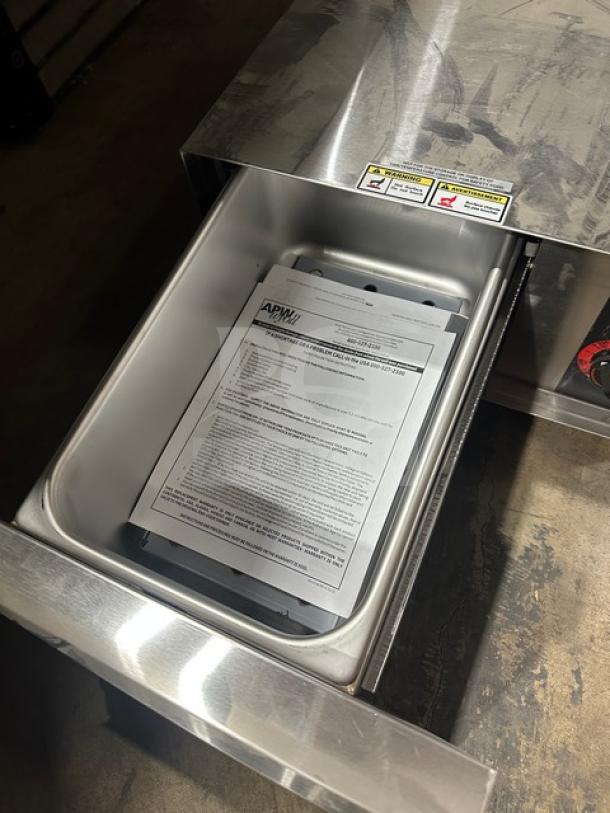 APW Wyott BW20 stainless steel bread warmer, new condition, single drawer, 115V 1 phase, model BW20, serial BWA200225A0001.