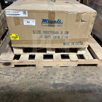 Cardboard box labeled "Migali," size 98x79x46.5 cm, marked "Trusted since 1955" and "Made in China," on wooden pallet.