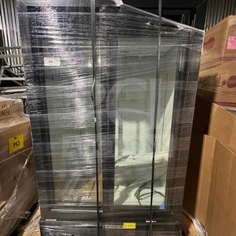 Beverage Air commercial display cooler, wrapped in protective plastic, black frame, glass door, good condition, on pallet.