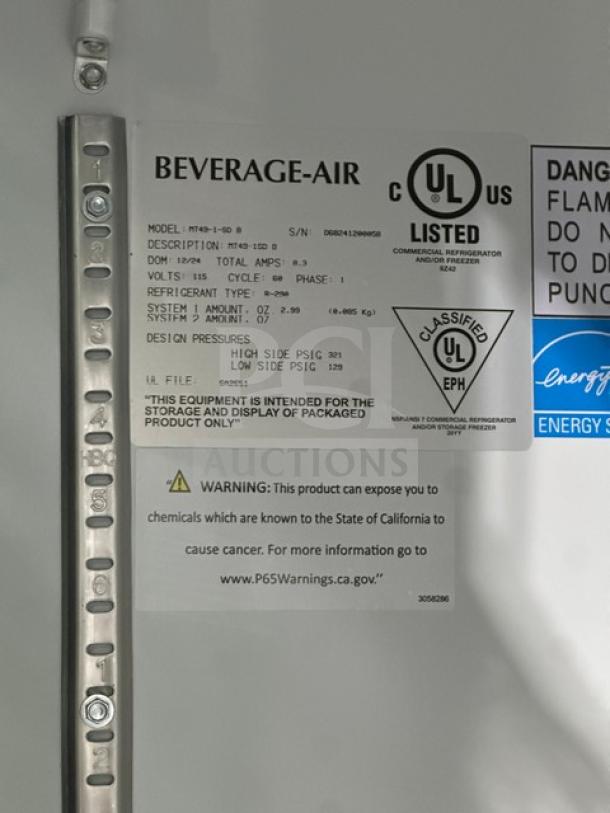 Beverage-Air label showing model MT-49-1-SK, UL listed, energy rating, chemical warning, and refrigerant details.