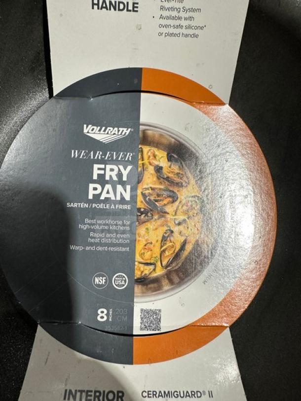 Vollrath Wear-Ever Fry Pan, 8-inch, NSF certified, rapid heat distribution, warp and dent-resistant, new condition.