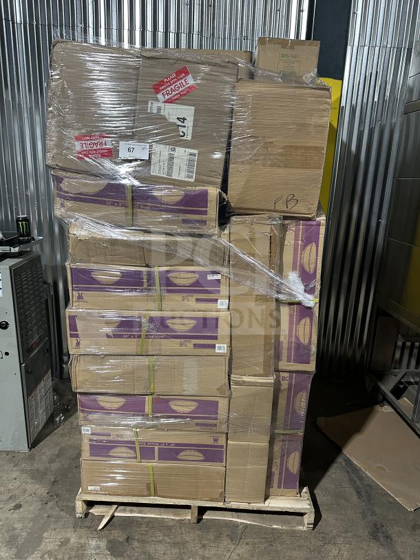 Mixed pallet with stacked boxes, labeled "Fragile." Includes 24"x6" round bowls, 18cm Bloom Snow plates, and more. Brand new condition.