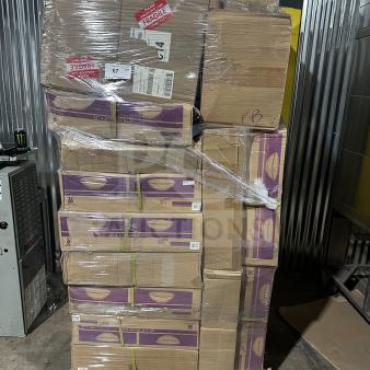 Mixed pallet with stacked boxes, labeled "Fragile." Includes 24"x6" round bowls, 18cm Bloom Snow plates, and more. Brand new condition.