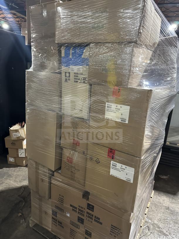Shrink-wrapped pallet with various labeled boxes for auction, including round bowls, snow plates, and porcelain bowls.