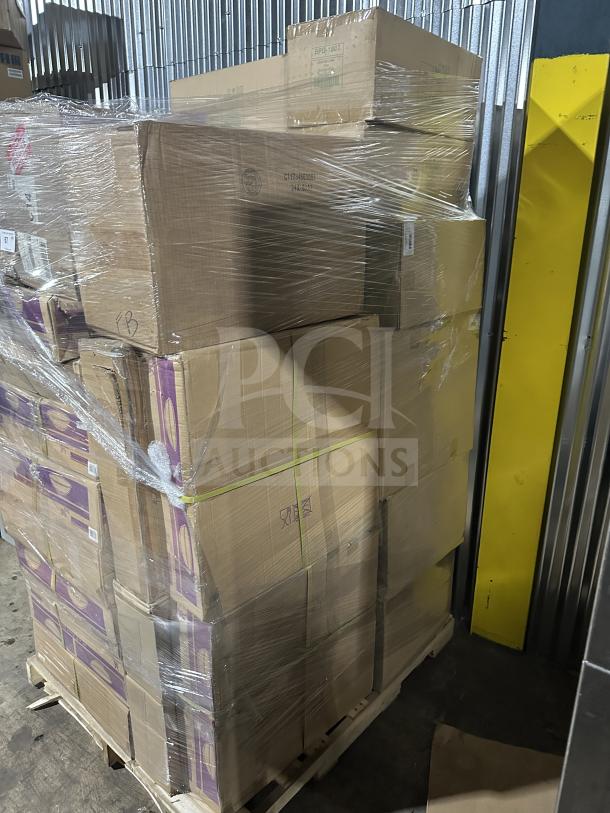 Brand new mixed pallet with various boxed items, including round bowls, plates, and porcelain bowls, all shrink-wrapped.