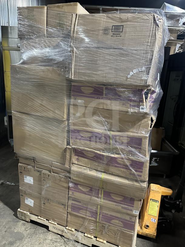 Mixed pallet with 32 boxes; includes 24"x6" round bowls, Bloom Snow plates, Capistrano porcelain bowls, and more, packaged in cardboard.