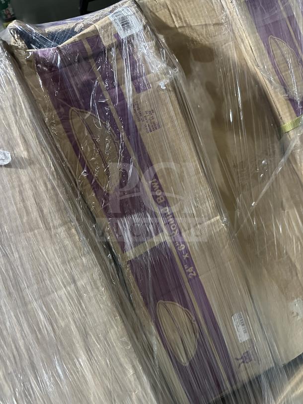 Pallet with boxed dishes, including 24"x6" round bowls and assorted plates, shrink-wrapped, brand new condition.