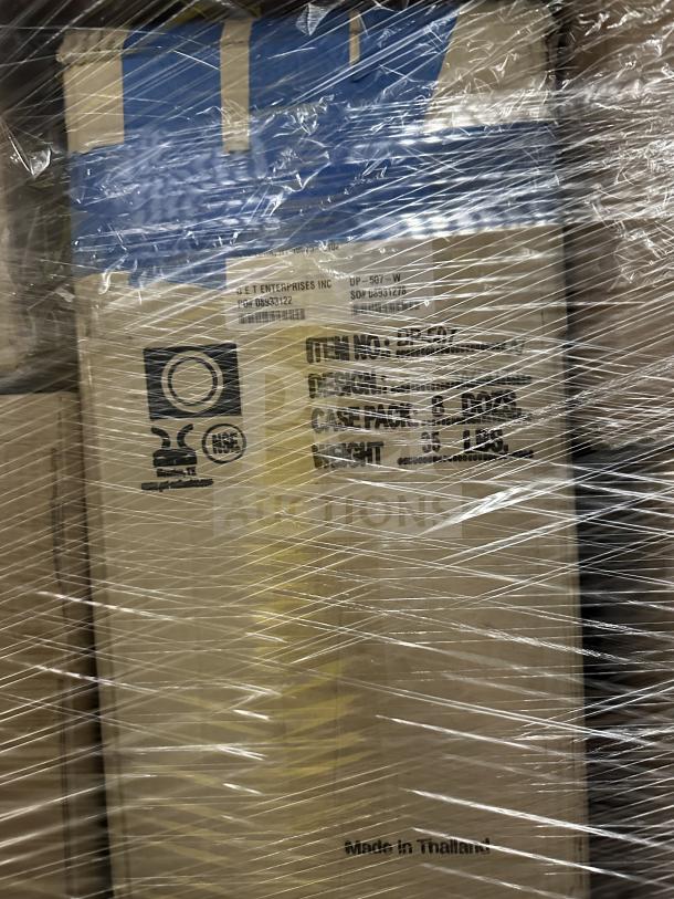 Mixed pallet with 33 boxes including round bowls, plates, and porcelain bowls. Boxes marked NSF, made in Thailand.
