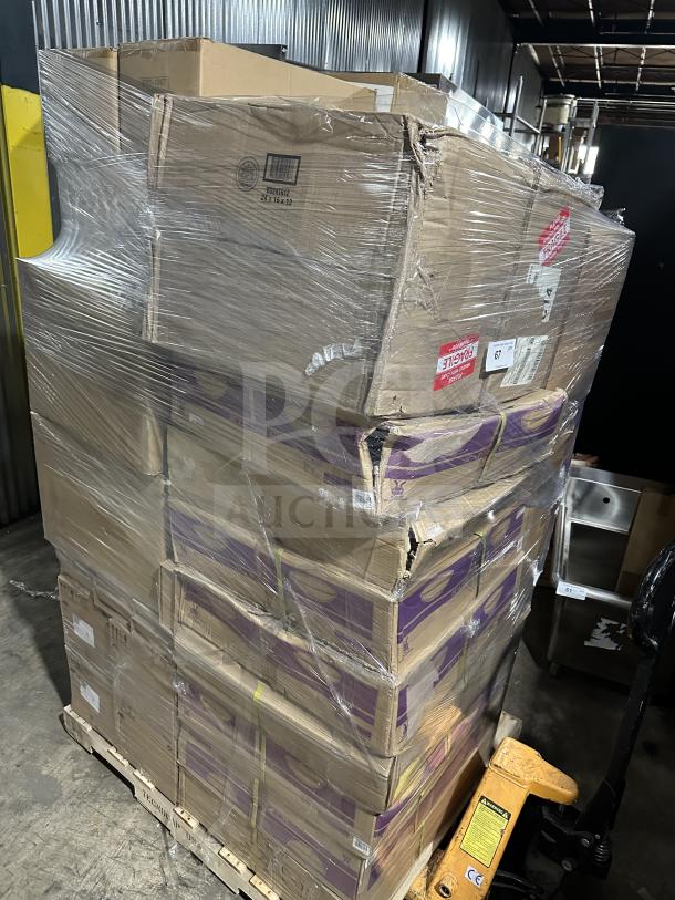 Mixed pallet of boxed kitchenware items including 24"x 6" bowls, plates, and porcelain bowls. New, shrink-wrapped.