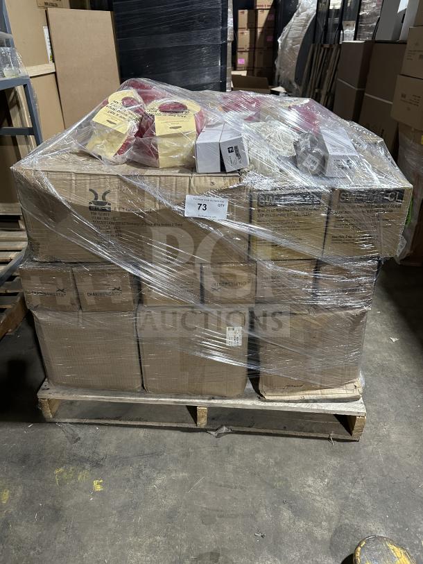 Mixed pallet of brand new items including Mikasa china, coffee mugs, Vertex plates, and more, wrapped and labeled.