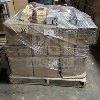 Mixed pallet of brand new items including Mikasa china, coffee mugs, Vertex plates, and more, wrapped and labeled.