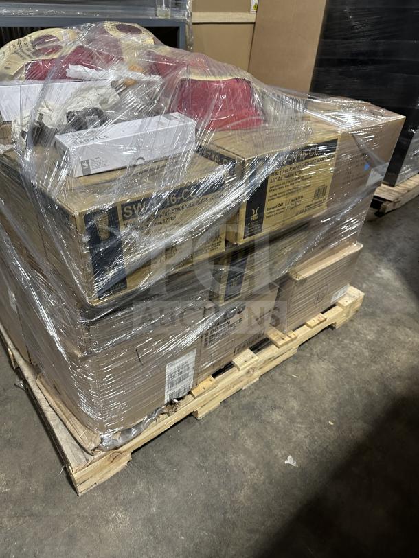 Mixed pallet with boxes of Mikasa lemons china, Rish coffee mugs, Vertex coupe plates, Santol spoons. Brand new, wrapped.