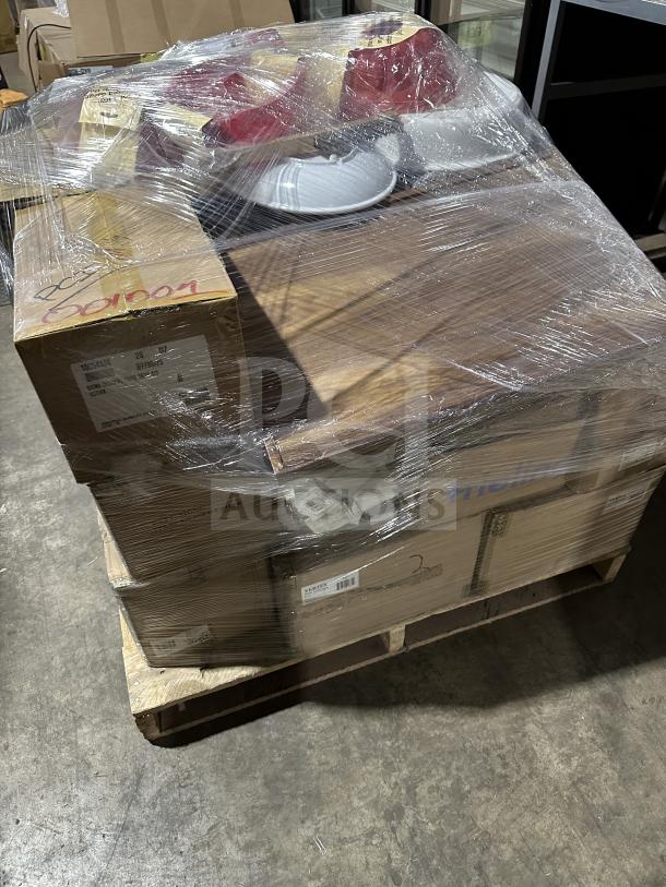 Brand new mixed pallet with Mikasa china, Rish mugs, Vertex plates, Santol teaspoons, silicone cake pans, and more in boxes.