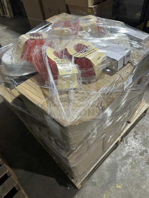 Brand new mixed pallet with boxed Mikasa china, Vertex plates, Santol teaspoons, silicone cake pans, and more, shrink-wrapped.