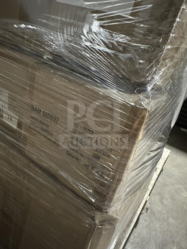 Pallet with boxes wrapped in plastic, labeled "SAM880007," containing diverse kitchenware items in new condition.