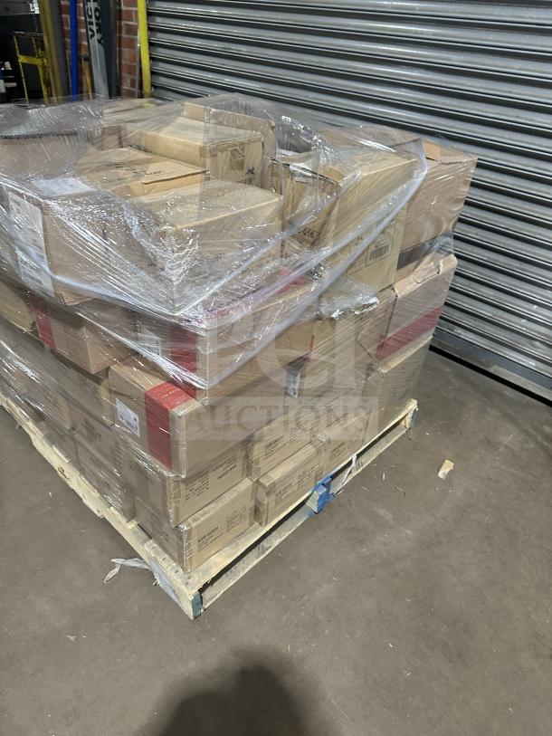 Pallet of boxed items, wrapped in plastic. Includes Santol Miror Dessert Spoons, Londrink Glasses, Bamboo Chopsticks, Table Knives, Wheel Cover.