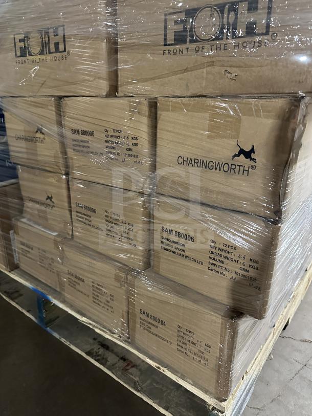 Pallet with boxes labeled FOH, Charingworth, containing dessert spoons, glassware, chopsticks, and more. Brand new items.