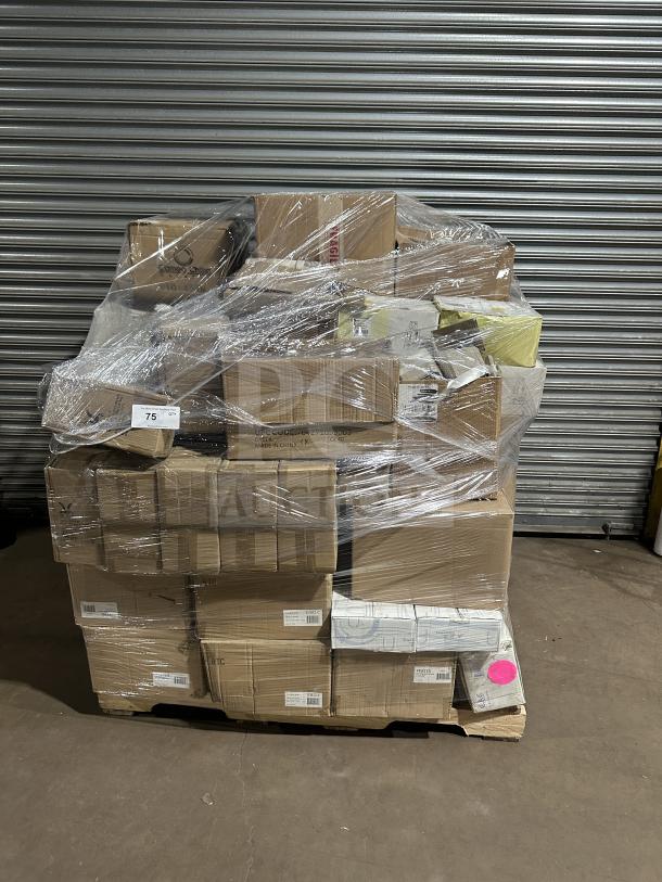 Mixed pallet of new items, including 27 boxes of creamer, whiskey tumblers, platters, dinner knives, and Prepline toasters.