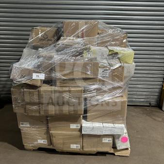 Mixed pallet of new items, including 27 boxes of creamer, whiskey tumblers, platters, dinner knives, and Prepline toasters.